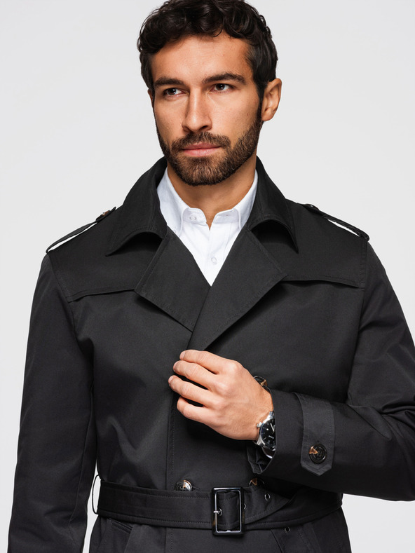 Ombre Clothing Moška dvojna vrstna elegantna jakna SLIM FIT s pasom - črna V2 OM-COLC-0146 Ombre Clothing