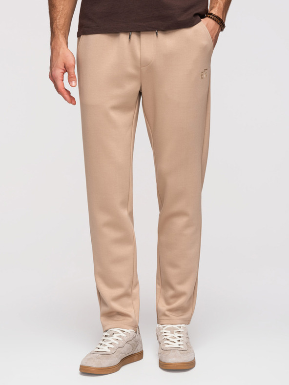 Ombre Clothing Moške trenirke z ravnimi nogavicami iz gladke pletenine - bež V3 OM-PSBC-0221 Ombre Clothing