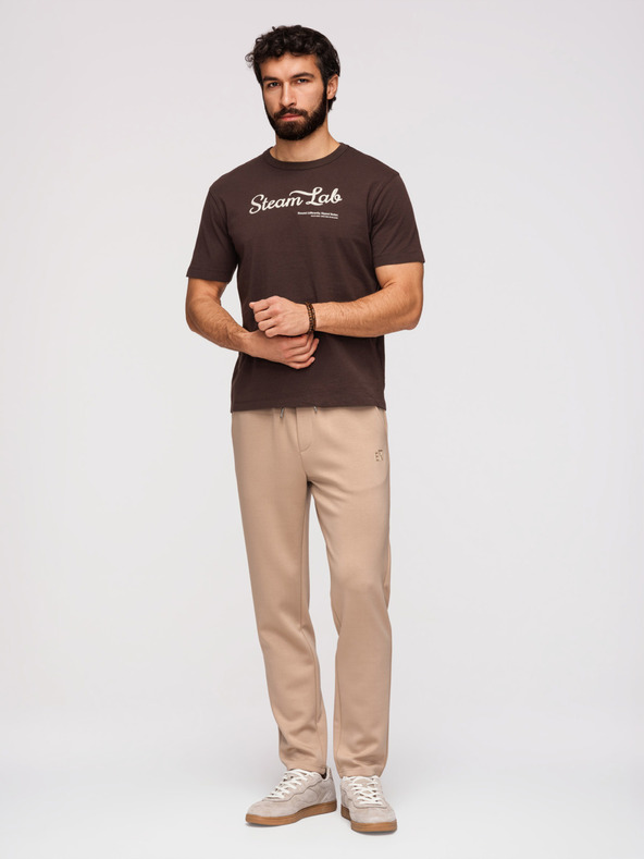 Ombre Clothing Moške trenirke z ravnimi nogavicami iz gladke pletenine - bež V3 OM-PSBC-0221 Ombre Clothing