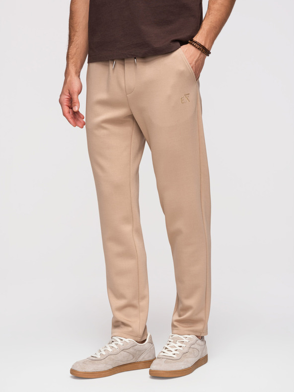 Ombre Clothing Moške trenirke z ravnimi nogavicami iz gladke pletenine - bež V3 OM-PSBC-0221 Ombre Clothing