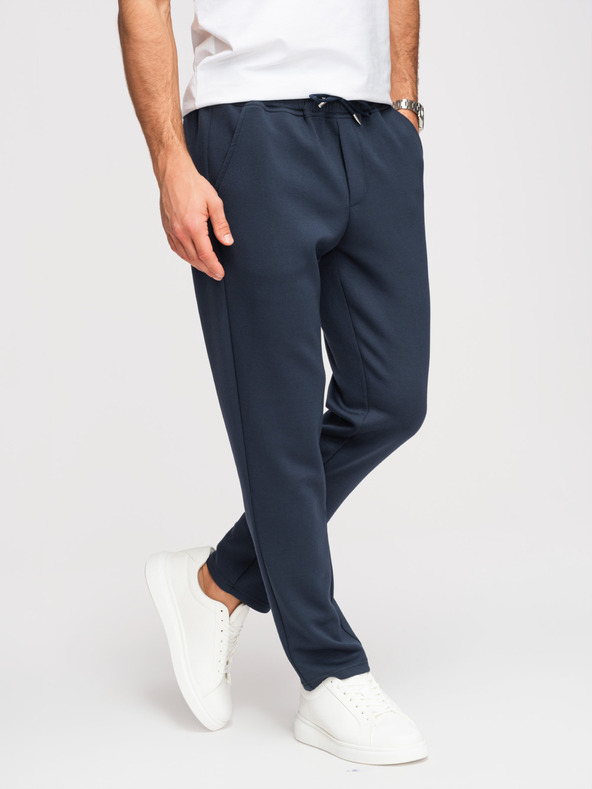 Ombre Clothing Moške trenirke z ravnimi nogavicami iz gladke pletenine - temno modre V4 OM-PSBC-0221 Ombre Clothing