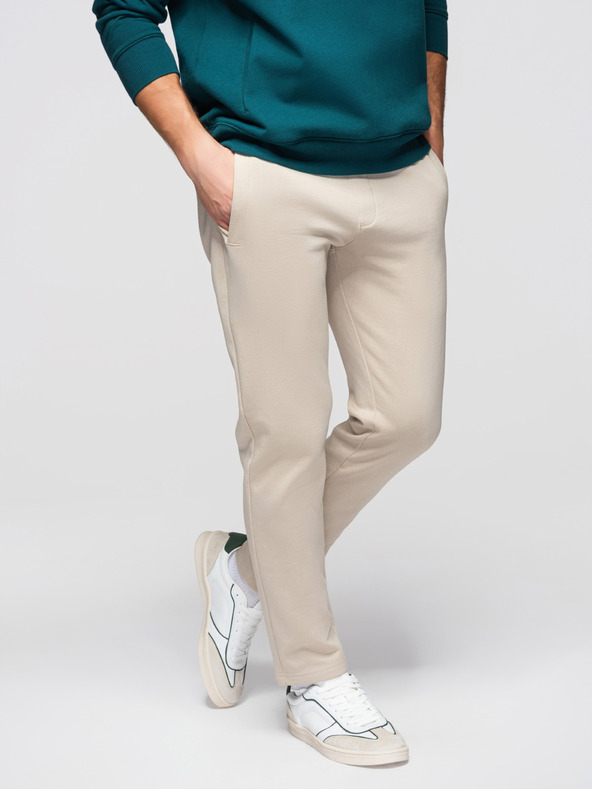 Ombre Clothing Moške bombažne trenirke BASIC z nepodloženimi nogavicami - svetlo bež V1 OM-PABS-0304 Ombre Clothing