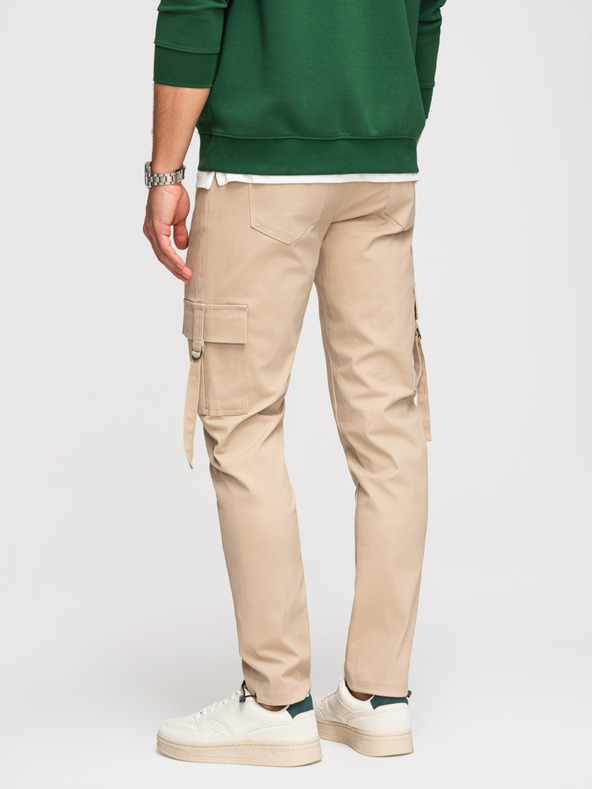 Ombre Clothing Moške hlače cargo s ravnimi nogavicami in rebrasto nogavico - peskovne V2 P1516 Ombre Clothing