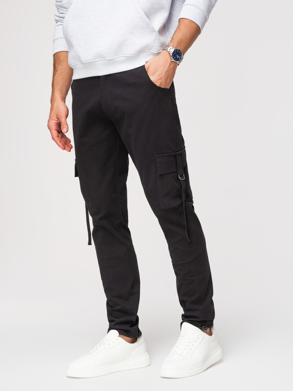Ombre Clothing Moške hlače cargo s ravnimi nogavicami in zatisnjenem robom - črne V4 P1516 Ombre Clothing