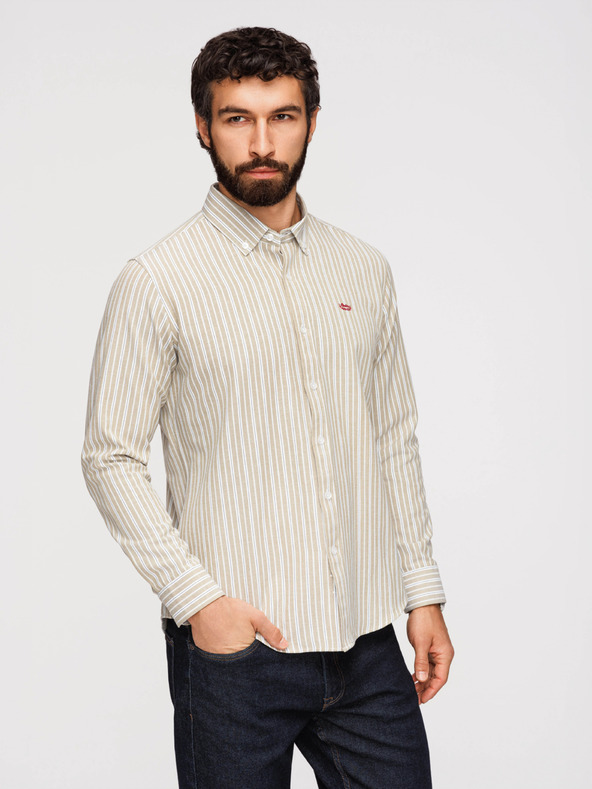 Ombre Clothing Moška bombažna srajca REGULAR FIT z nežnimi črtami - bež V1 K703 Ombre Clothing