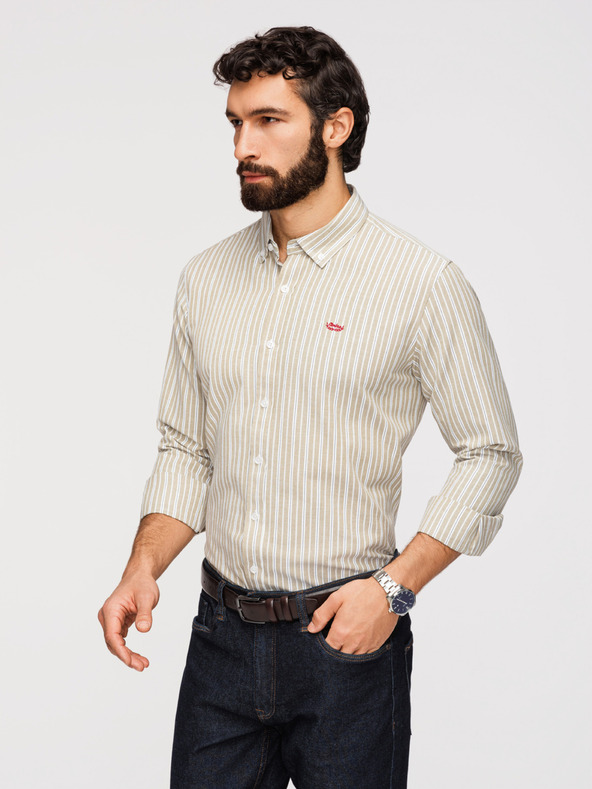 Ombre Clothing Moška bombažna srajca REGULAR FIT z nežnimi črtami - bež V1 K703 Ombre Clothing