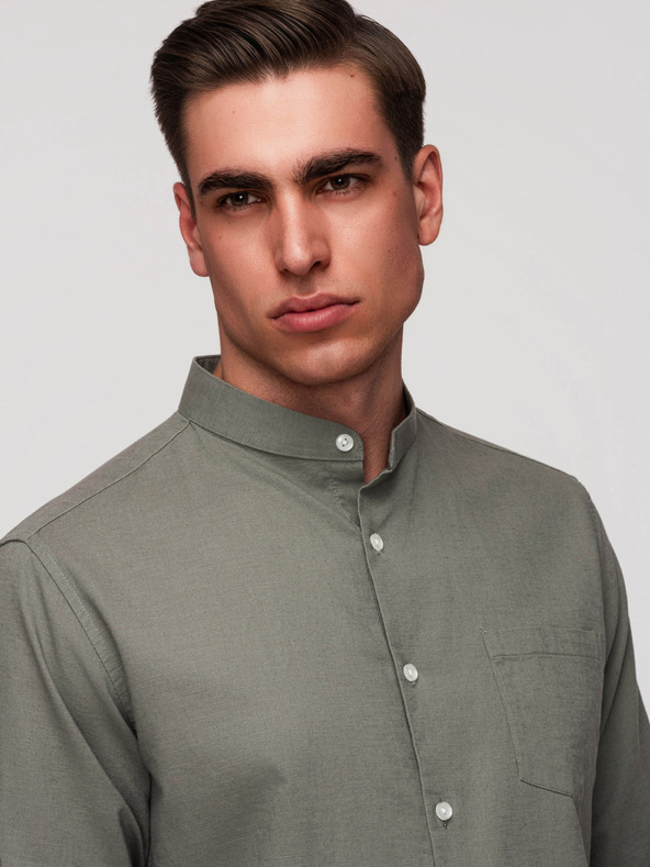 Ombre Clothing Moška platna srajca s stoječem in žepom REGULAR FIT - khaki V6 K704 Ombre Clothing