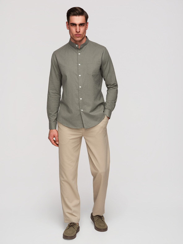 Ombre Clothing Moška platna srajca s stoječem in žepom REGULAR FIT - khaki V6 K704 Ombre Clothing
