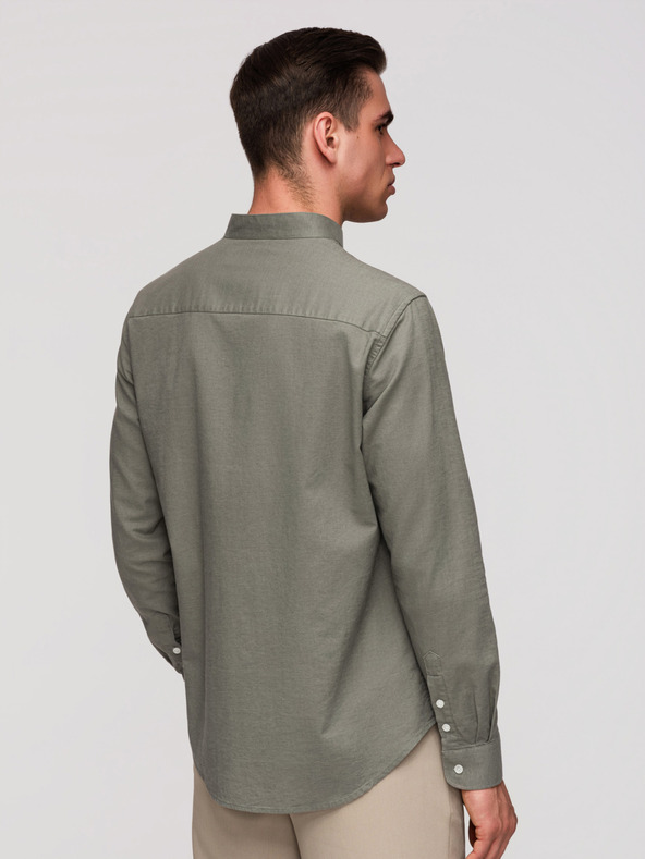Ombre Clothing Moška platna srajca s stoječem in žepom REGULAR FIT - khaki V6 K704 Ombre Clothing