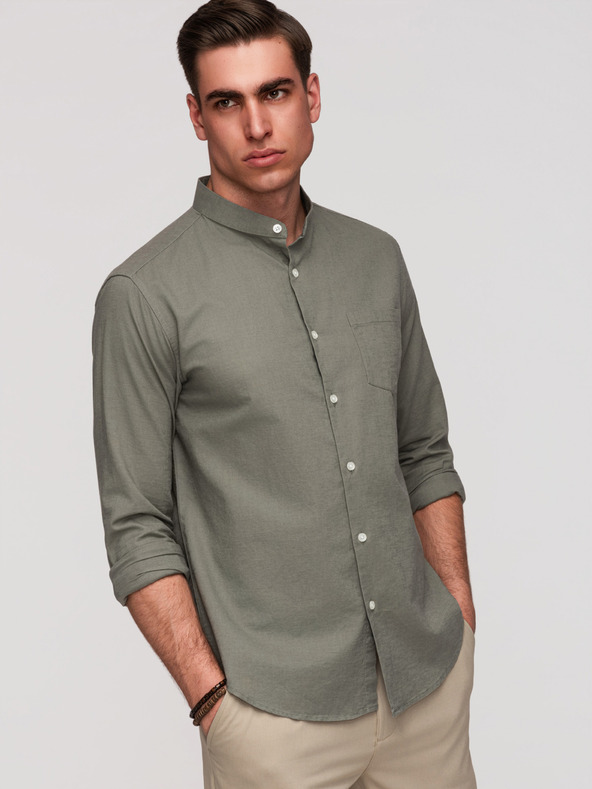 Ombre Clothing Moška platna srajca s stoječem in žepom REGULAR FIT - khaki V6 K704 Ombre Clothing