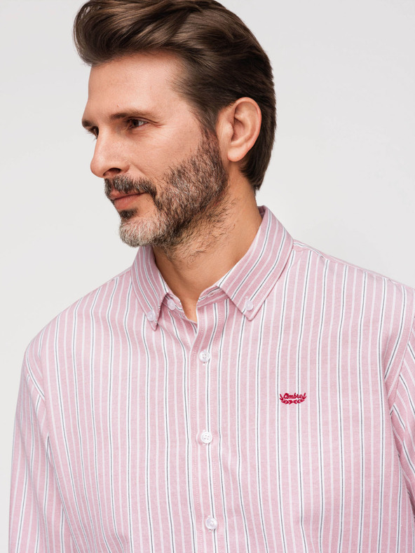 Ombre Clothing Moška bombažna srajca REGULAR FIT z nežnimi črtami - roza V2 K703 Ombre Clothing