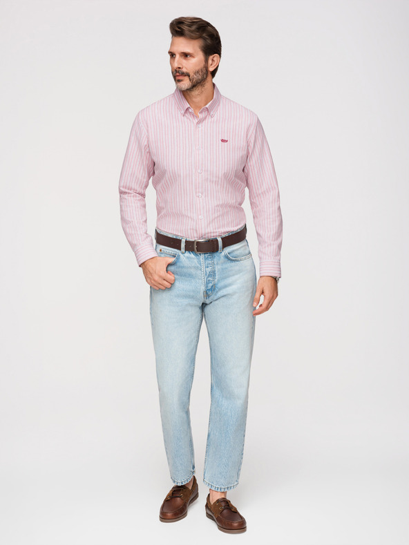 Ombre Clothing Moška bombažna srajca REGULAR FIT z nežnimi črtami - roza V2 K703 Ombre Clothing