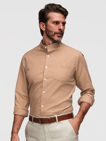 Ombre Clothing Moška platna srajca s stoječem in žepom REGULAR FIT - svetlo rjava V7 K704 Ombre Clothing