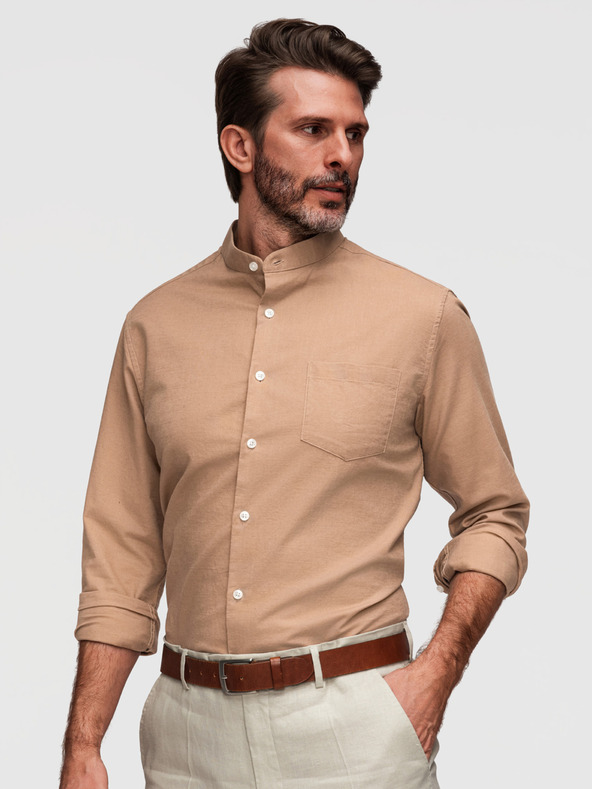 Ombre Clothing Moška platna srajca s stoječem in žepom REGULAR FIT - svetlo rjava V7 K704 Ombre Clothing