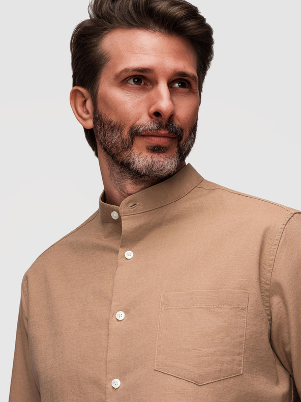 Ombre Clothing Moška platna srajca s stoječem in žepom REGULAR FIT - svetlo rjava V7 K704 Ombre Clothing