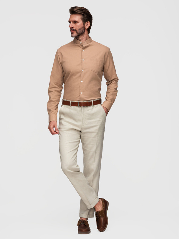 Ombre Clothing Moška platna srajca s stoječem in žepom REGULAR FIT - svetlo rjava V7 K704 Ombre Clothing