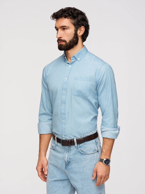 Ombre Clothing Moška bombažna srajca iz finega denima z vzorcem - svetlo modra V1 K702 Ombre Clothing