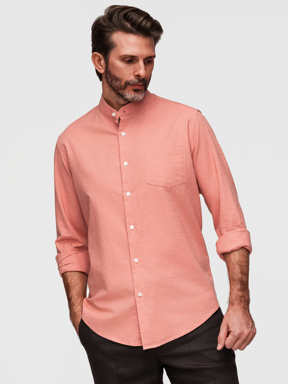 Ombre Clothing Moška lnena srajca s stoječem in žepom REGULAR FIT - breskev V1 K704 Ombre Clothing