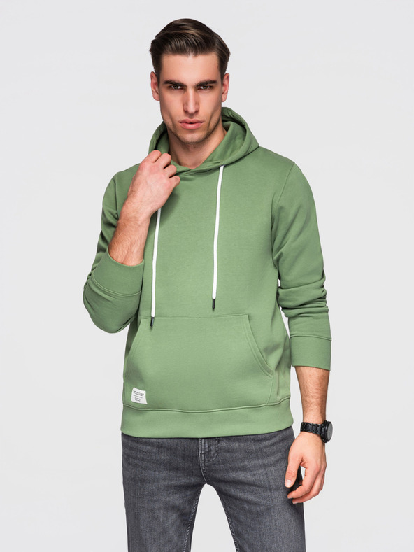 Ombre Clothing Moška bombažna majica BASIC s kengurujim žepom in kapuco - zelena Ombre Clothing