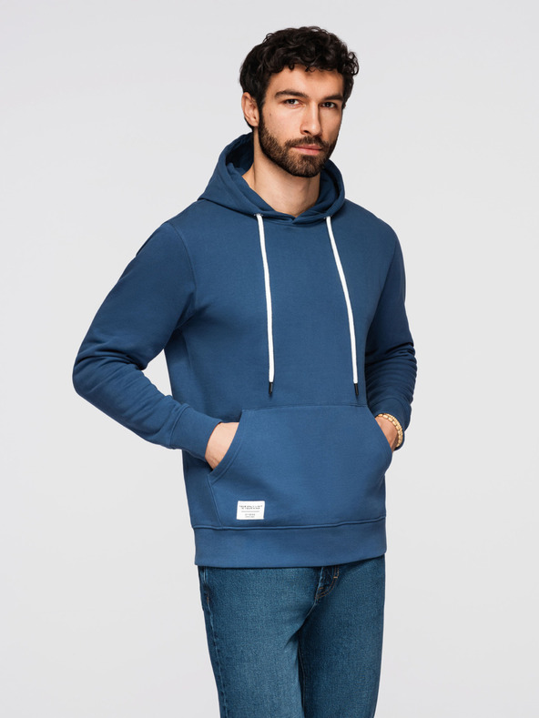 Ombre Clothing Moška bombažna majica BASIC s kengurujim žepom in kapuco - temno modra Ombre Clothing