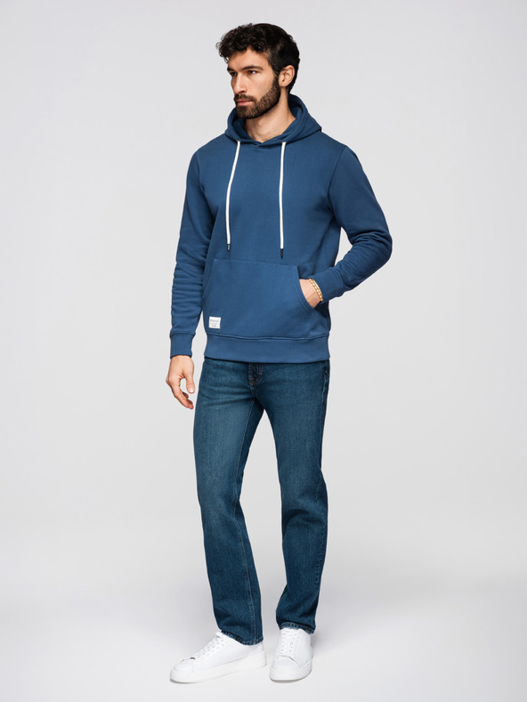 Ombre Clothing Moška bombažna majica BASIC s kengurujim žepom in kapuco - temno modra Ombre Clothing