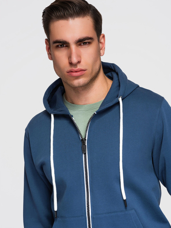 Ombre Clothing Moška bombažna majica BASIC na zadrgo s kapuco - temno modra V4 OM-SSBZ-0272 Ombre Clothing