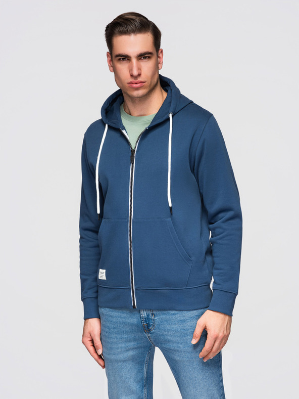 Ombre Clothing Moška bombažna majica BASIC na zadrgo s kapuco - temno modra V4 OM-SSBZ-0272 Ombre Clothing