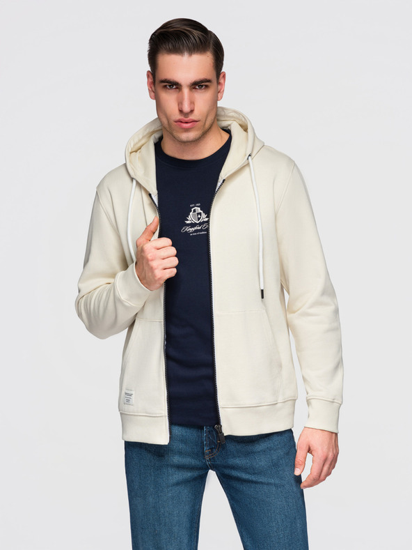 Ombre Clothing Moska bombažna elastična jopica s kapuco BASIC - kremasta V11 OM-SSBZ-0272 Ombre Clothing