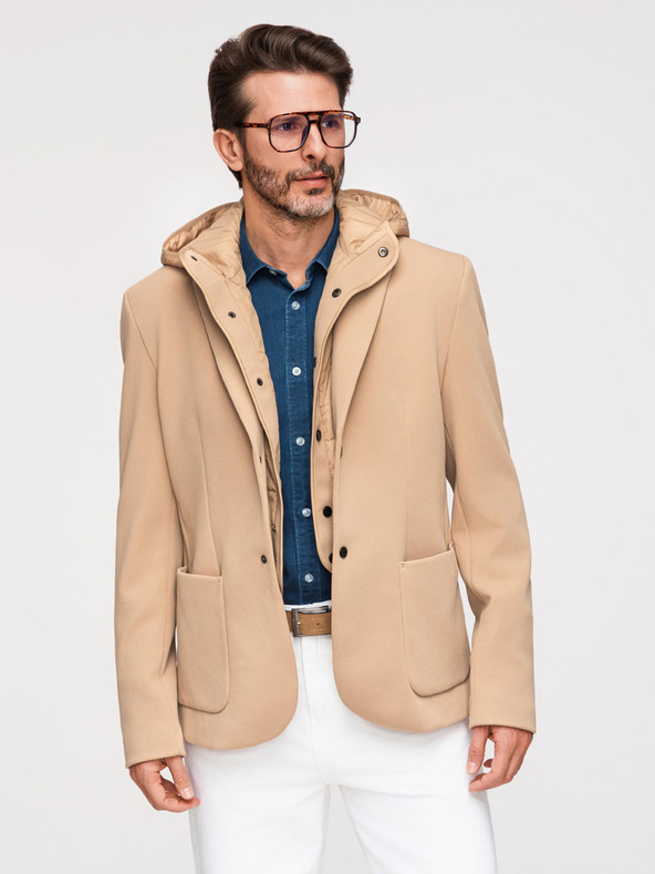 Ombre Clothing Moska strukturirana jakna z visoko nogavico in kapuco - svetlo rjava V1 M167 Ombre Clothing