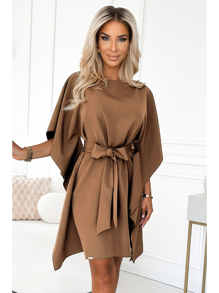numoco SOFIA metuljaste šaty z vezavo v pasu - cappuccino