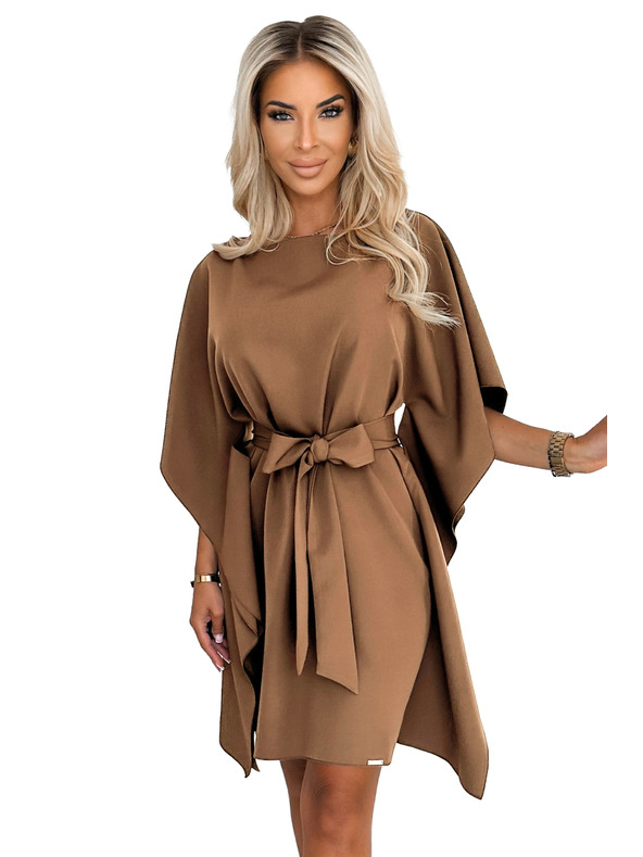 numoco SOFIA metuljaste šaty z vezavo v pasu - cappuccino