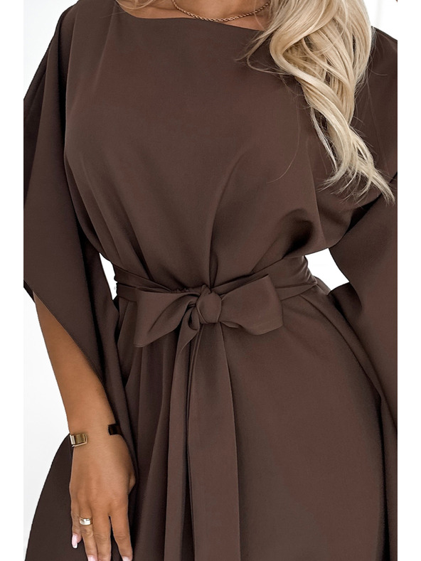 numoco SOFIA Metuljaste obleke z vezavo v pasu - čokoladna barva