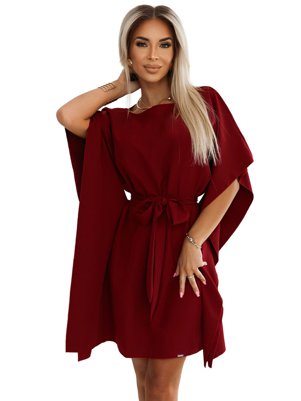 numoco SOFIA Metuljaste obleke z vezavo v pasu - vinsko rdeča barva