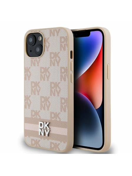 DKNY PU usnje s kvačkanim vzorcem in črtami hrbtni ovitek za iPhone 13 roza DKNY