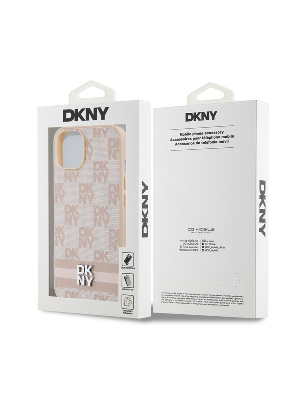 DKNY PU usnje s kvačkanim vzorcem in črtami hrbtni ovitek za iPhone 13 roza DKNY