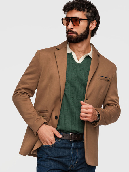 Ombre Clothing Pleteni moški sako SLIM FIT po meri - svetlo rjava V4 M170 Ombre Clothing