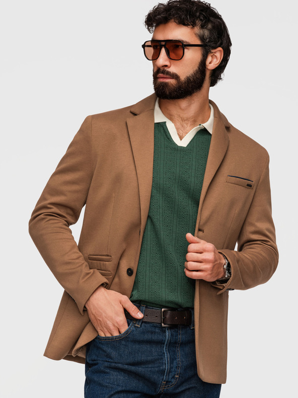 Ombre Clothing Pleteni moški sako SLIM FIT po meri - svetlo rjava V4 M170 Ombre Clothing