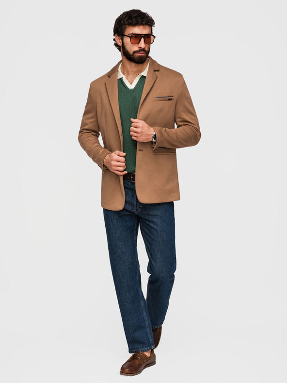 Ombre Clothing Pleteni moški sako SLIM FIT po meri - svetlo rjava V4 M170 Ombre Clothing