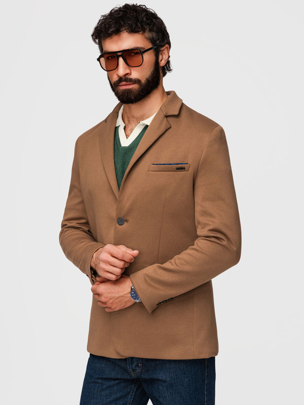 Ombre Clothing Pleteni moški sako SLIM FIT po meri - svetlo rjava V4 M170 Ombre Clothing