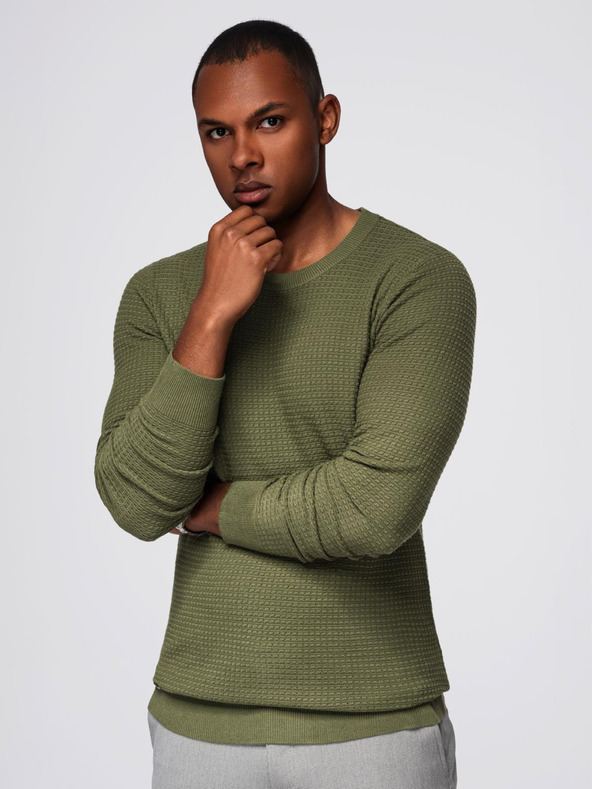 Ombre Clothing Moški strukturirani pulover s kulatim izrezom - olivna barva V1 OM-SWSW-0181 Ombre Clothing