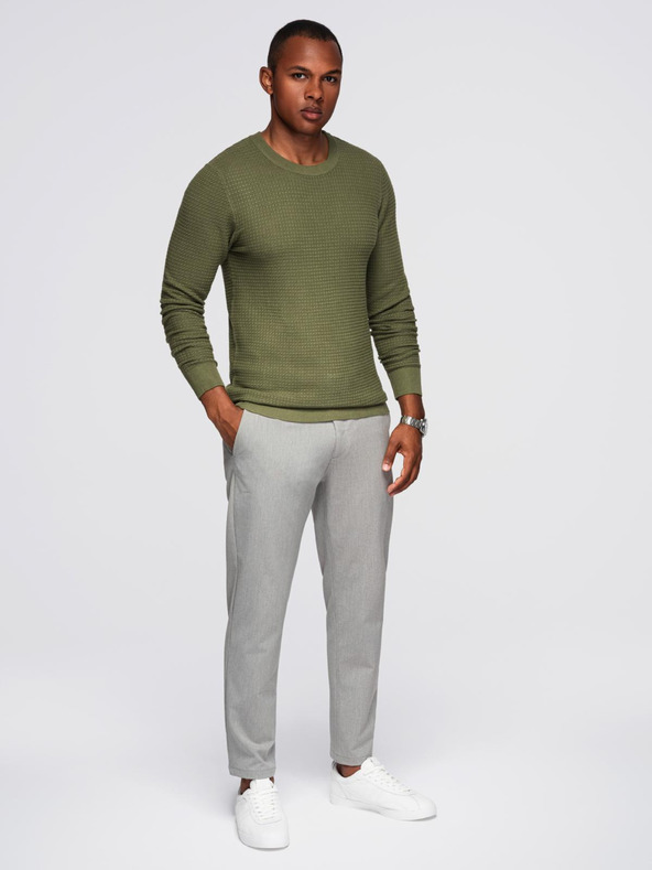 Ombre Clothing Moški strukturirani pulover s kulatim izrezom - olivna barva V1 OM-SWSW-0181 Ombre Clothing