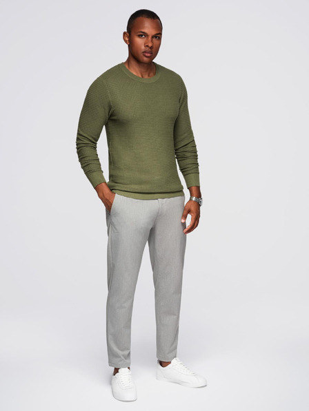 Ombre Clothing Moški strukturirani pulover s kulatim izrezom - olivna barva V1 OM-SWSW-0181 Ombre Clothing