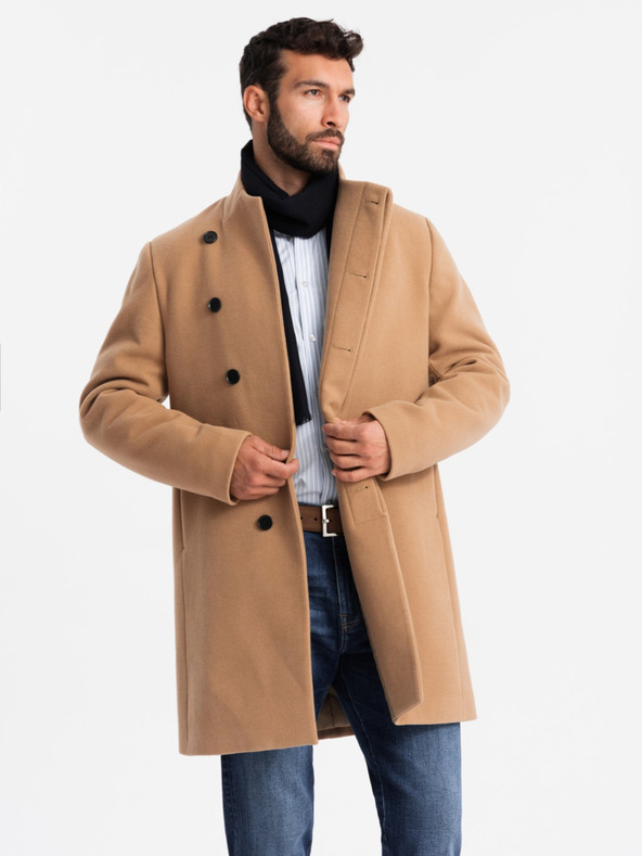 Ombre Clothing Moški plašč z asimetričnim zapenjanjem in visokim ovratnikom svetlo rjave barve Ombre Clothing