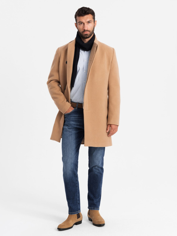 Ombre Clothing Moški plašč z asimetričnim zapenjanjem in visokim ovratnikom svetlo rjave barve Ombre Clothing