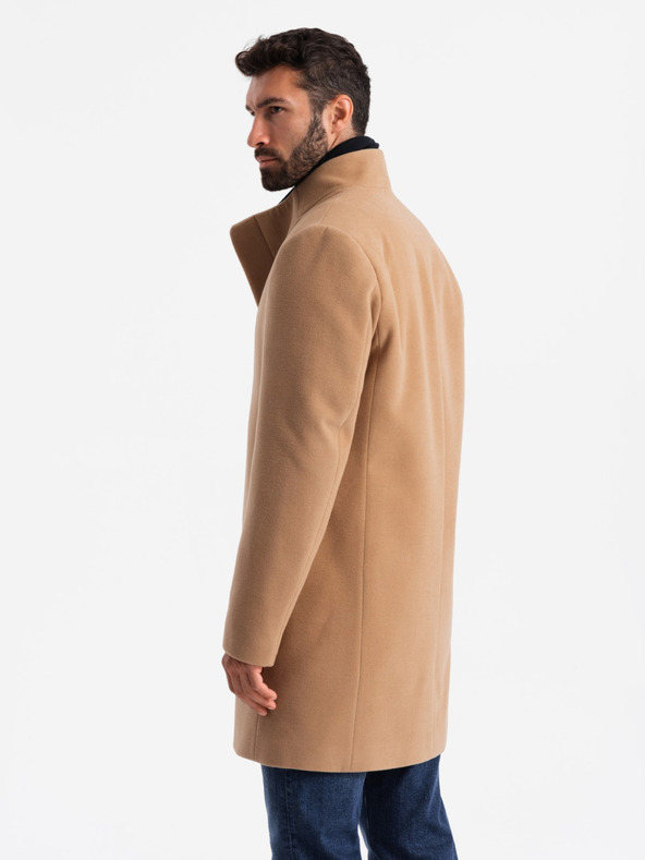 Ombre Clothing Moški plašč z asimetričnim zapenjanjem in visokim ovratnikom svetlo rjave barve Ombre Clothing