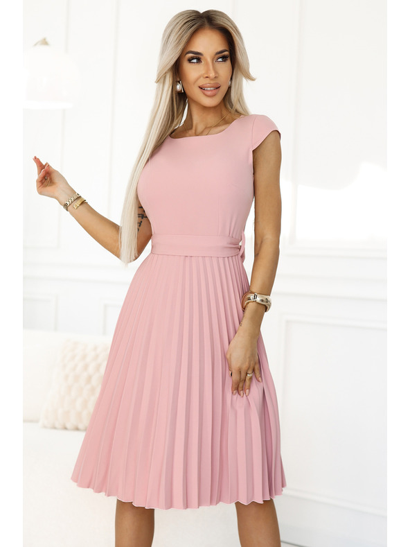 numoco Klasična obleka s kratkimi rokavi in pasom - pudrasto rožnata