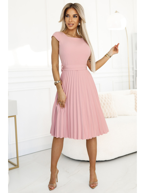 numoco Klasična obleka s kratkimi rokavi in pasom - pudrasto rožnata