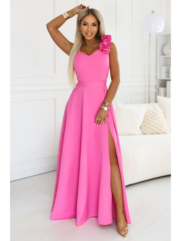 numoco Elegantne večerne maksi obleke z razporkom in vrtnicami - sladkor roza