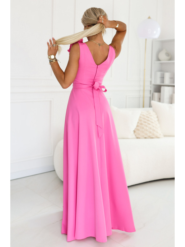 numoco Elegantne večerne maksi obleke z razporkom in vrtnicami - sladkor roza