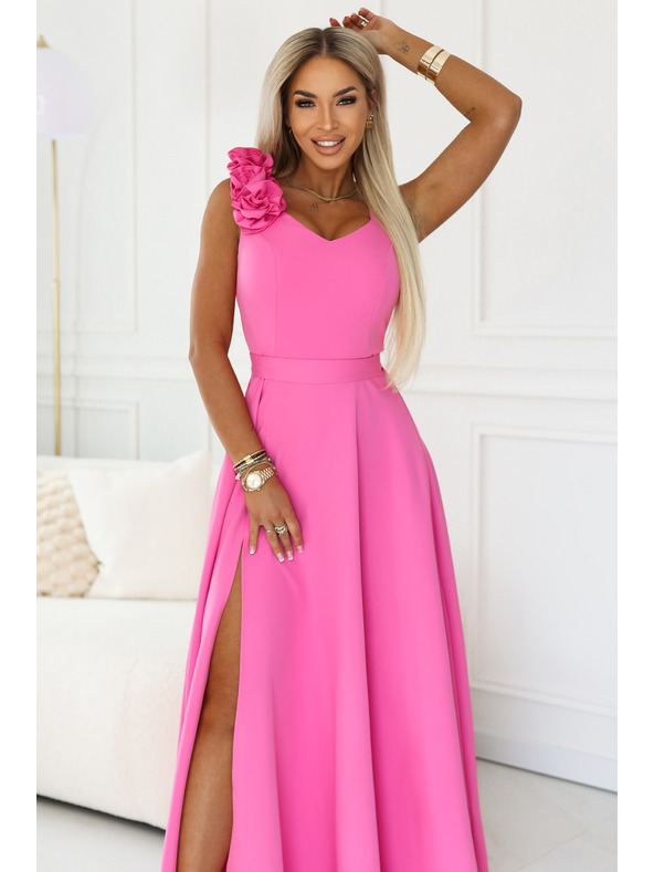 numoco Elegantne večerne maksi obleke z razporkom in vrtnicami - sladkor roza